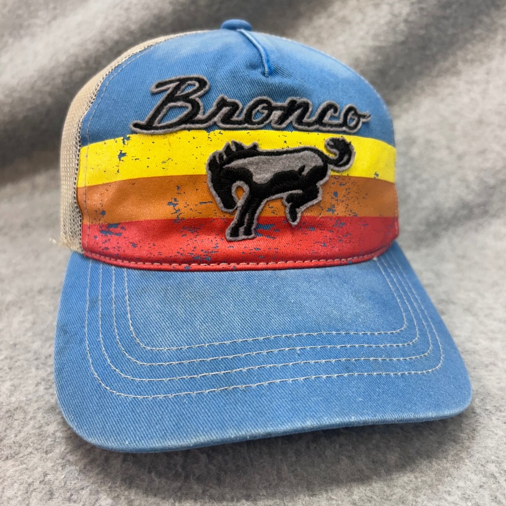 Ford Bronco Horse Logo Mens Blue Ford Trucker Hat Retro Sunset Stripe OSFM